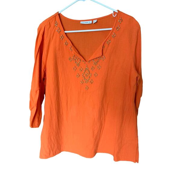 Susan Graver Embellished V Neckline Gauzy Cotton Blouse Orange Top Size M - Picture 1 of 4
